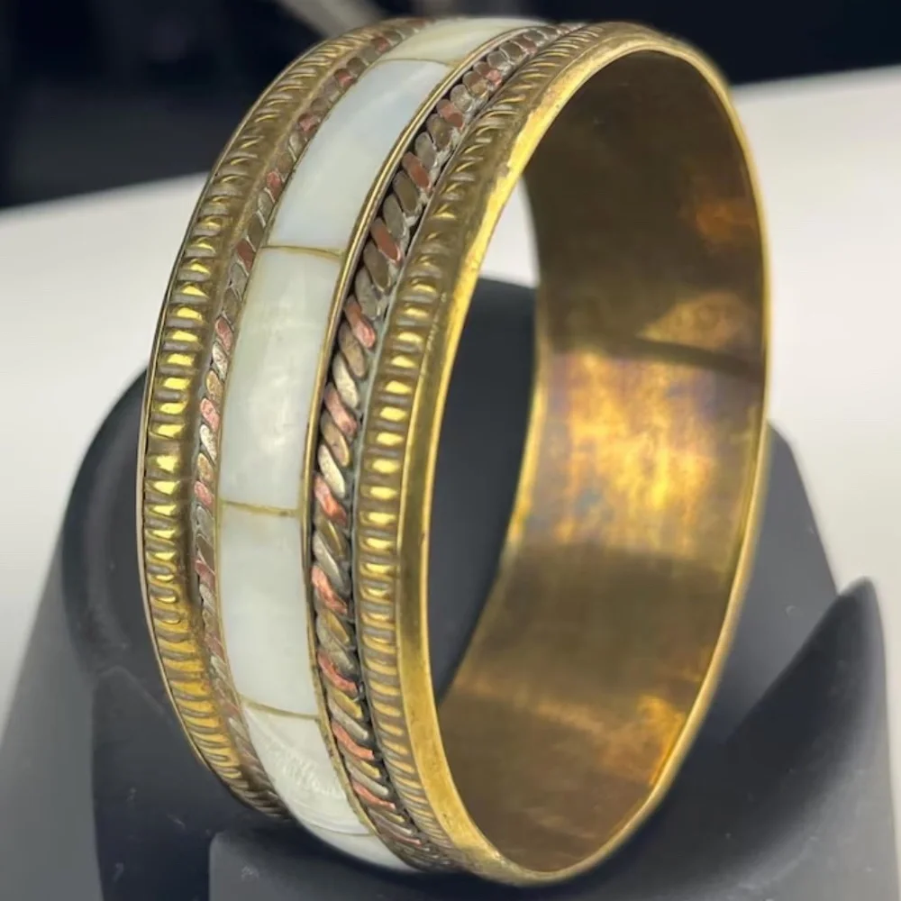 Vintage Brass Bangle | Bone Inlay, African Statement Jewelry - Picture 5 of 5
